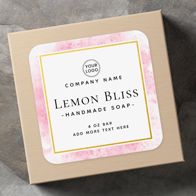 Rosa Aquarellfarben Imitat Goldgrenzmarke Quadratischer Aufkleber (Pink watercolor faux gold border product label)