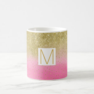 Rosa Aquarellfarben Imitate Gold Glitzer Monogram Kaffeetasse