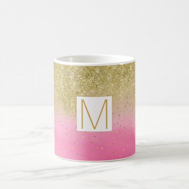 Rosa Aquarellfarben Imitate Gold Glitzer Monogram Kaffeetasse (Mittel)