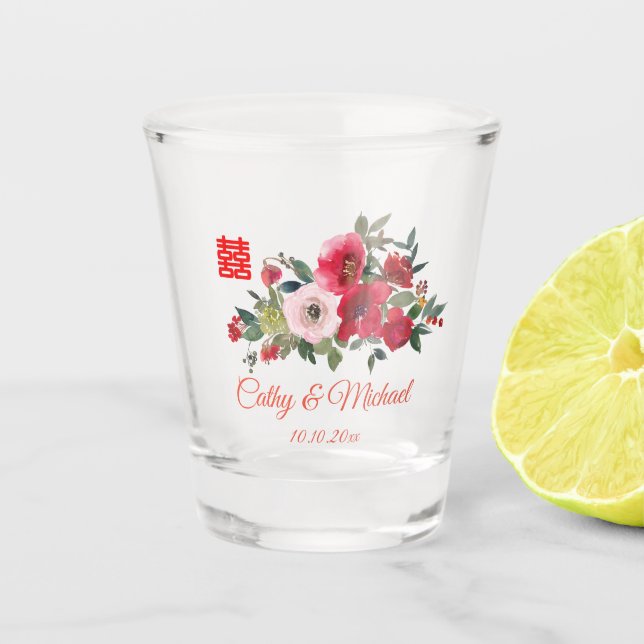 Rosa Aquarellfarben Moderne Chinesische Hochzeit Schnapsglas (Vorderseite)