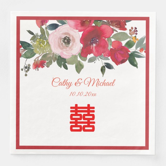 Rosa Aquarellfarben Moderne Chinesische Hochzeit Serviette (Vorderseite)