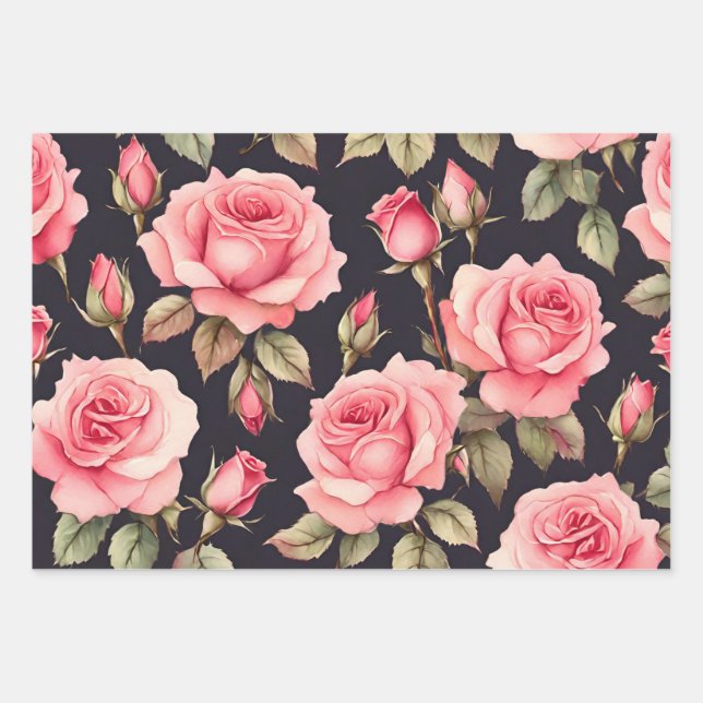 Rosa Aquarellfarben-Rose auf schwarzem Hintergrund Geschenkpapier Set (Vorderseite)