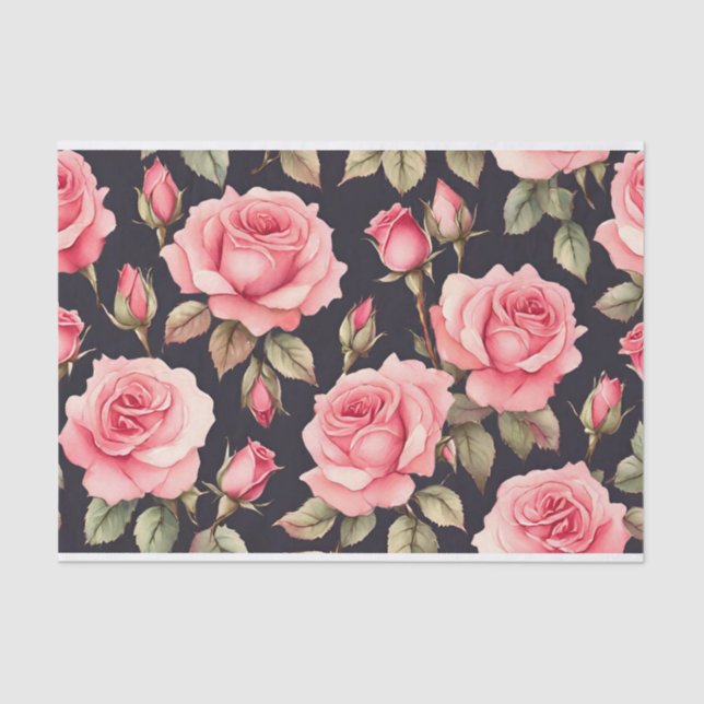 Rosa Aquarellfarben-Rose auf schwarzem Hintergrund Seidenpapier (Vorderseite)