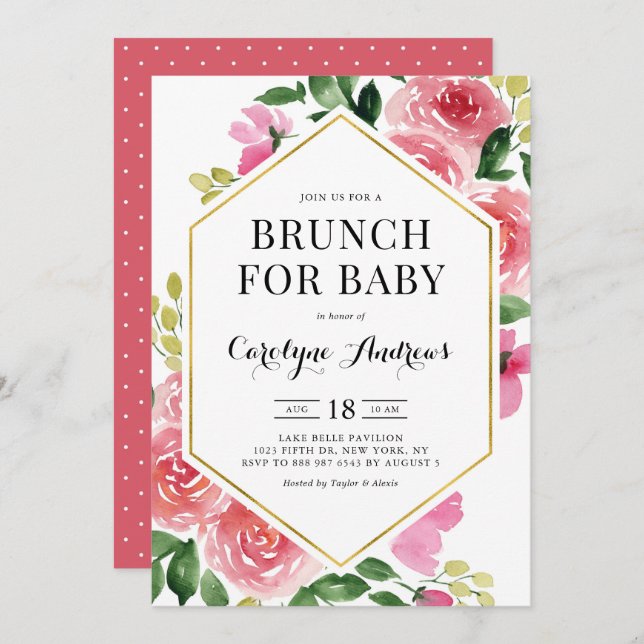 Rosa Aquarellfarben Rose Blumengestelle Brunch für Einladung (Vorne/Hinten)