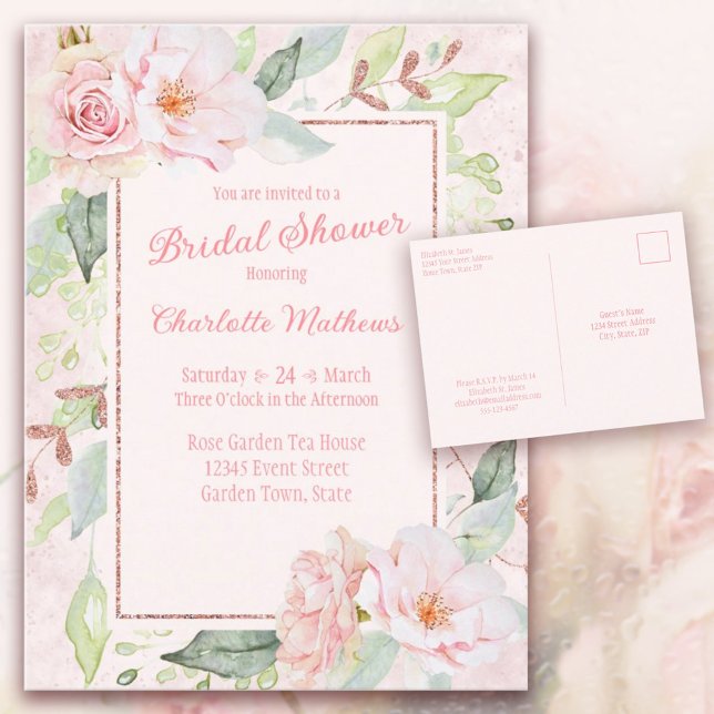 Rosa Aquarellfarben Rose Brautdusche Einladung (Pink Watercolor Roses Bridal Shower Post Card Invitation R.S.V.P. information on back. )