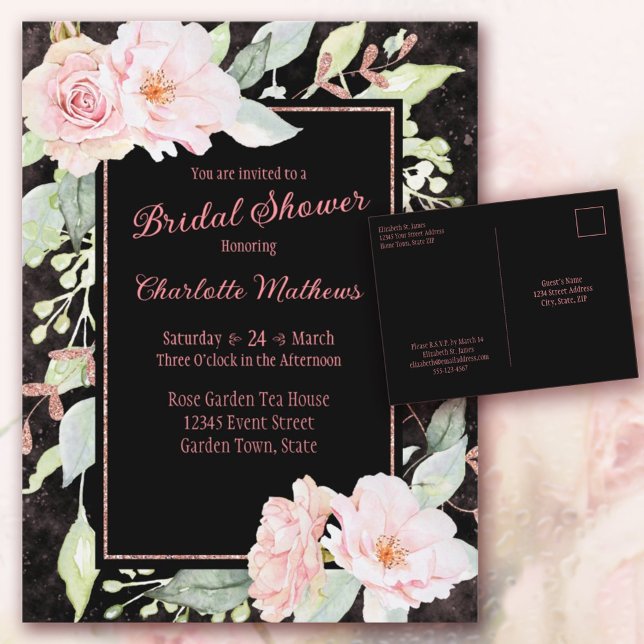Rosa Aquarellfarben Rose Brautdusche Einladung (Delicate Pink Watercolor Roses, Moody Black background, beautiful Bridal Shower Post Card.)