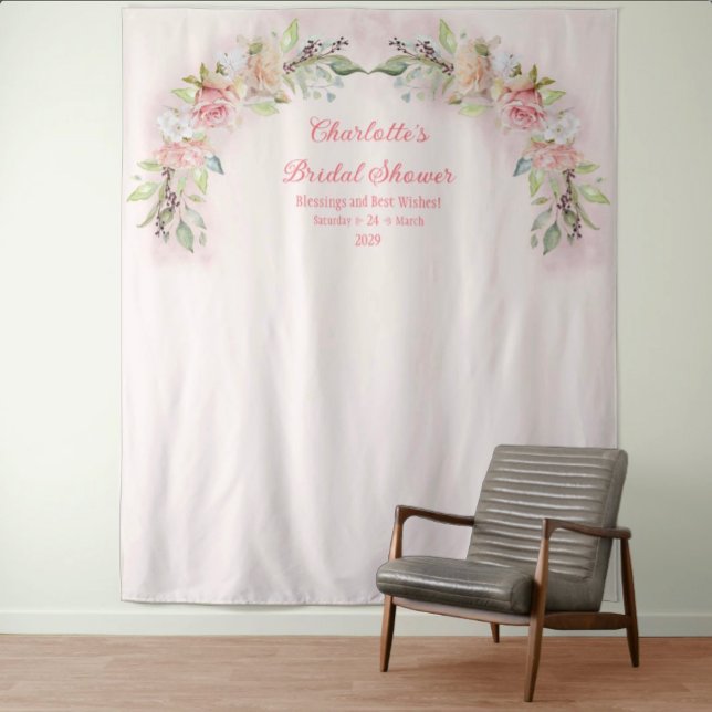 Rosa Aquarellfarben Rose Brautparty Foto Hintergru Wandteppich (Pink Watercolor Roses Bridal Shower Photo Backdrop)