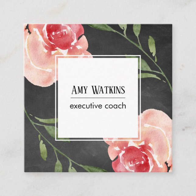 Rosa Aquarellfarben - Rose Chalkboard Hintergrund Quadratische Visitenkarte (Vorderseite)