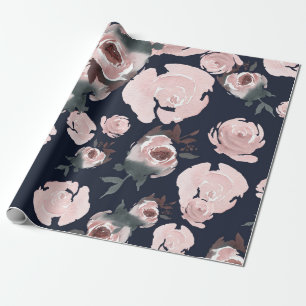 Rosa Aquarellfarben Rose Dunkles Navy Blue Floral Geschenkpapier