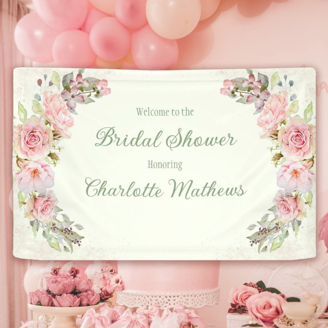 Rosa Aquarellfarben Rose Grün Brautparty Banner (Pink Watercolor Roses Sage Green Bridal Shower Banner)