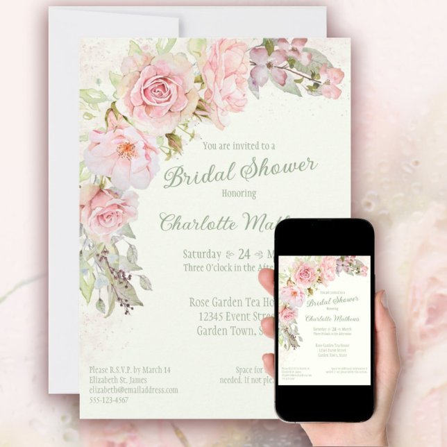 Rosa Aquarellfarben Rose Grün Brautparty Einladung (Pink Watercolor Roses Sage Green Bridal Shower Invitation)