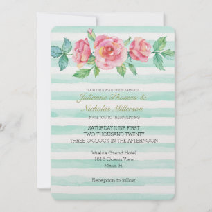 Rosa Aquarellfarben Rose Minzstreifen Hochzeiten Einladung