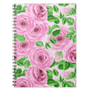 Rosa Aquarellfarben-Rose mit Blätter und Knospen-P Notizblock