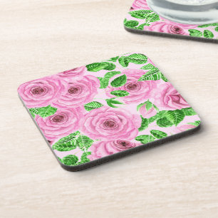 Rosa Aquarellfarben-Rose mit Blätter und Knospen-P Untersetzer