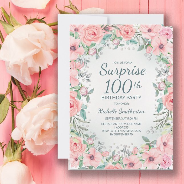 Rosa Aquarellfarben Rose Perlen 100. Geburtstag (Pink floral Surprise 100th birthday invitation)