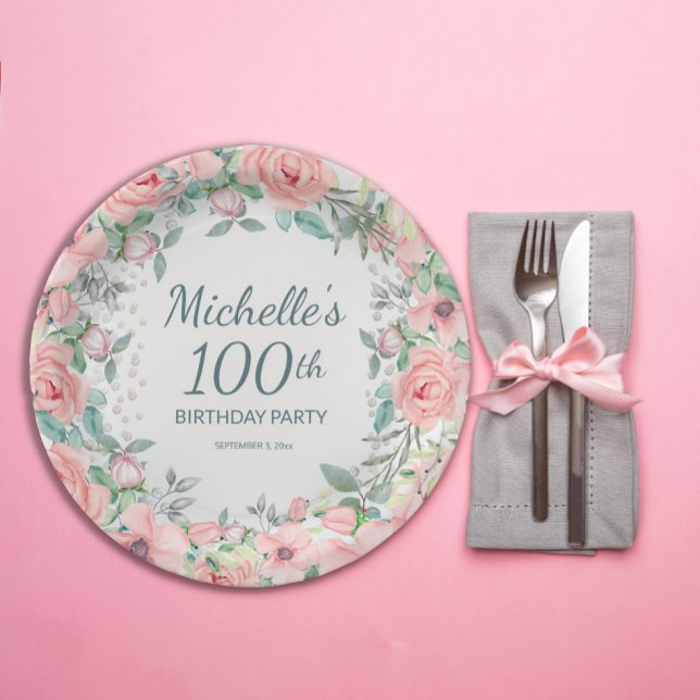 Rosa Aquarellfarben Rose Perlen 100. Geburtstag Pappteller (Blush pink floral 100th birthday party paper plates personalized with your own text.)
