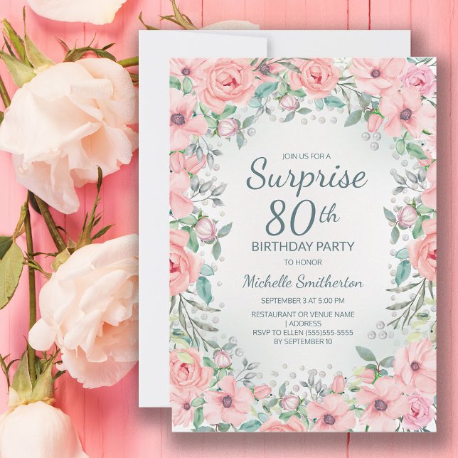 Rosa Aquarellfarben Rose Perlen 80. Geburtstag (Blush pink floral surprise 80th birthday party invitation customized with your text.)