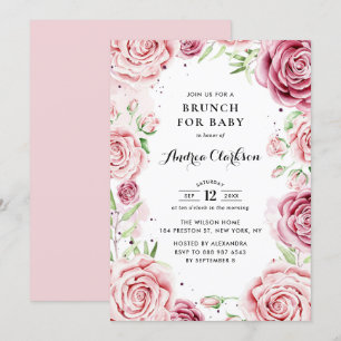 Rosa Aquarellfarben Rose Rahmen Babydusche Brunch Einladung