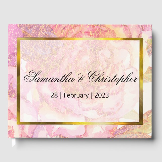 Rosa Aquarellfarben-Rose und Goldhochzeit Gästebuch (Vorderseite)