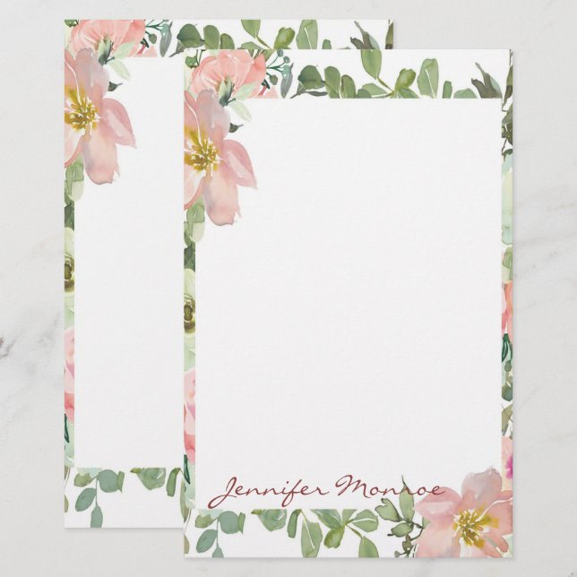 Rosa Aquarellflora personalisiert Briefpapier (Vorne/Hinten)