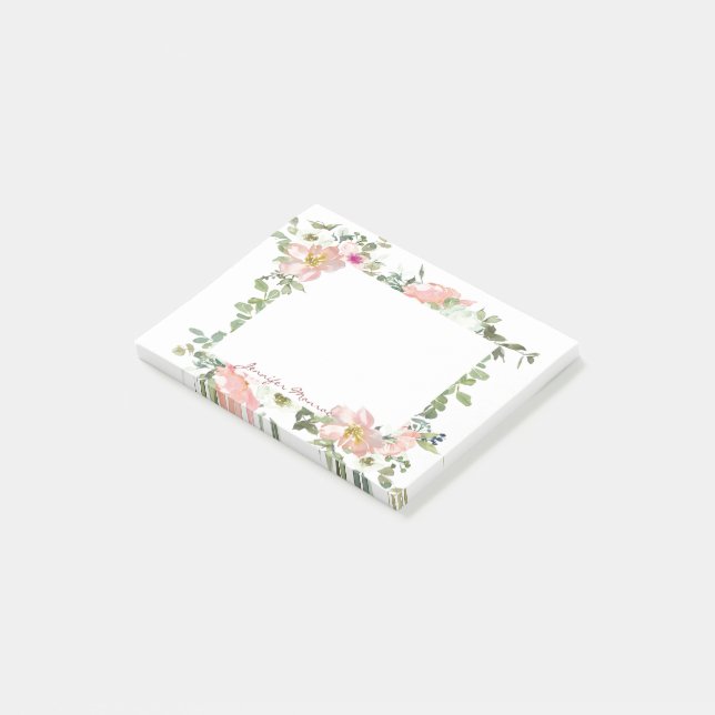 Rosa Aquarellflora personalisiert Post-it Klebezettel (angewinkelt)
