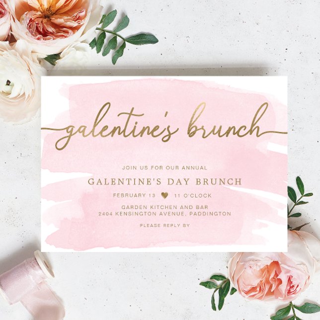 Rosa Aquarellgalentin-Tag Einladung (Galentines Brunch Invitation Pink Watercolour Gold )