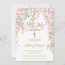 Rosa Aquarellgold Erstkommunion Einladung