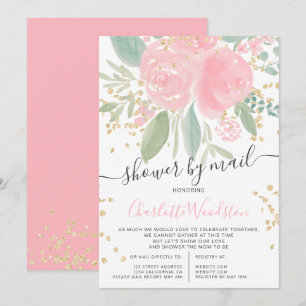 Rosa Aquarellgolddusche mit Blütenfarbe, Babydusch Einladung