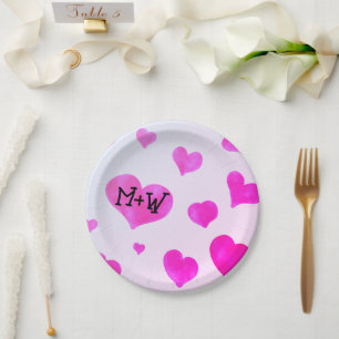 Rosa Aquarellherzen Eigene Namensinitialen Pappteller