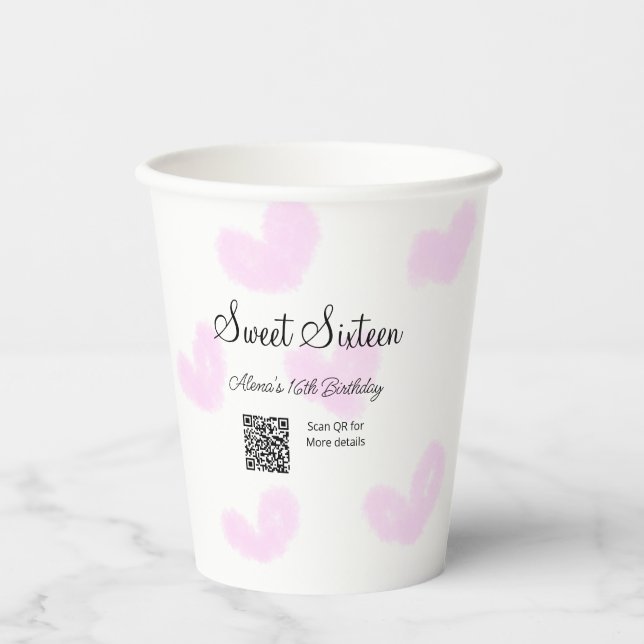 Rosa Aquarellherzen QR 16 . Geburtstag Geburtstag Pappbecher (Vorderseite)