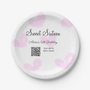 Rosa Aquarellherzen QR 16 . Geburtstag Geburtstag Pappteller