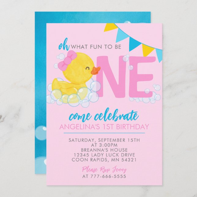 Rosa Aquarellkautschukente 1. Geburtstag Foto Einladung (Vorne/Hinten)