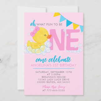 Rosa Aquarellkautschukente 1. Geburtstag Party Einladung