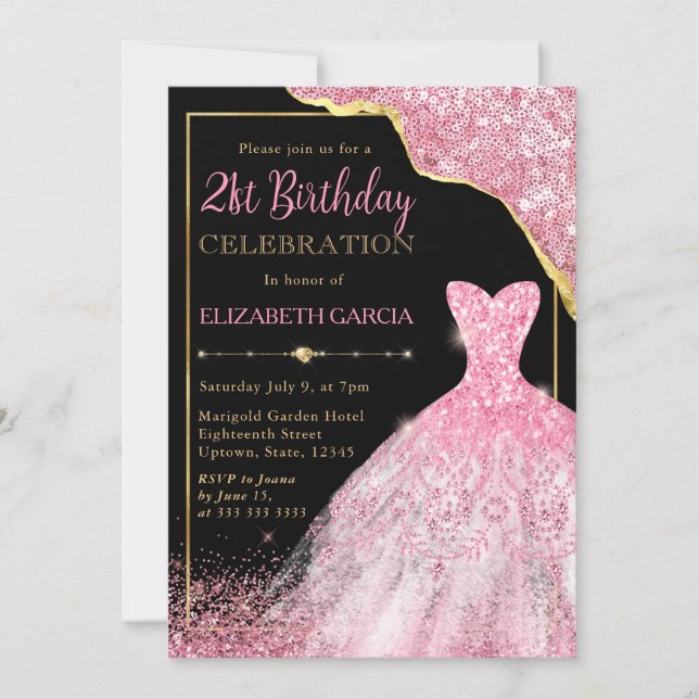 Rosa Aquarellkleid und Glam Edge 21. Geburtstag Einladung (Vorderseite)