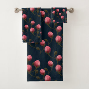 Rosa Aquarellknospen auf dunkelblauen Rose Badhandtuch Set
