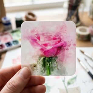 Rosa Aquarellkunst auf weißem Hintergrund Quadratischer Aufkleber