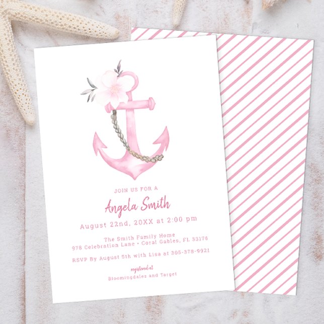 Rosa Aquarellnuss Kinderdusche einladen Einladung (Pink Nautical Baby Shower Invitation)