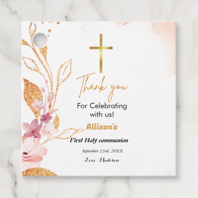 Rosa Aquarellspritze erste Kommunion Vielen Dank Geschenkanhänger (Vorderseite)