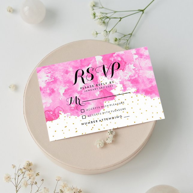 Rosa Aquarelltöne elegante Goldfritte UAWG RSVP Karte (Pink watercolor chic elegant gold confetti RSVP )