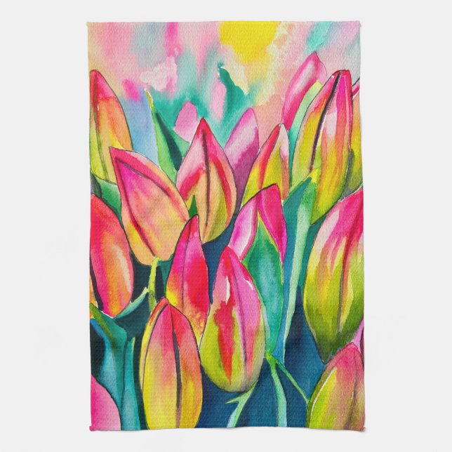 Rosa Aquarelltulis Kunst Geschirrtuch (Vertikal)