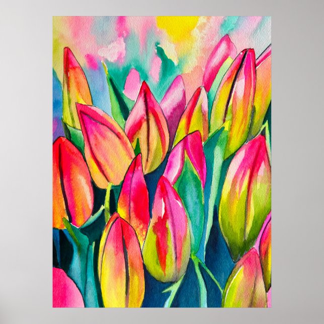 Rosa Aquarelltulis Kunst Poster (Vorne)