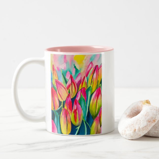 Rosa Aquarelltulis Kunst Zweifarbige Tasse (Mit Donut)