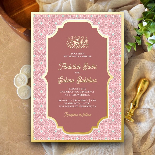 Rosa arabische Muster muslimische Hochzeit Gold Folieneinladung (Von Creator hochgeladen)