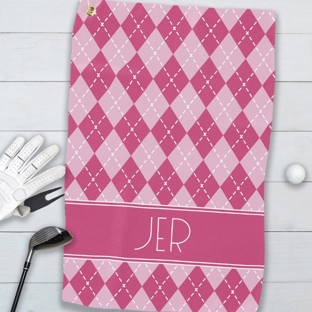 Rosa Argyle-Karomuster mit Monogramm Anfangsbuchst Golfhandtuch (Pink Argyle Plaid Custom Monogram Initials Classic Golf Towel)