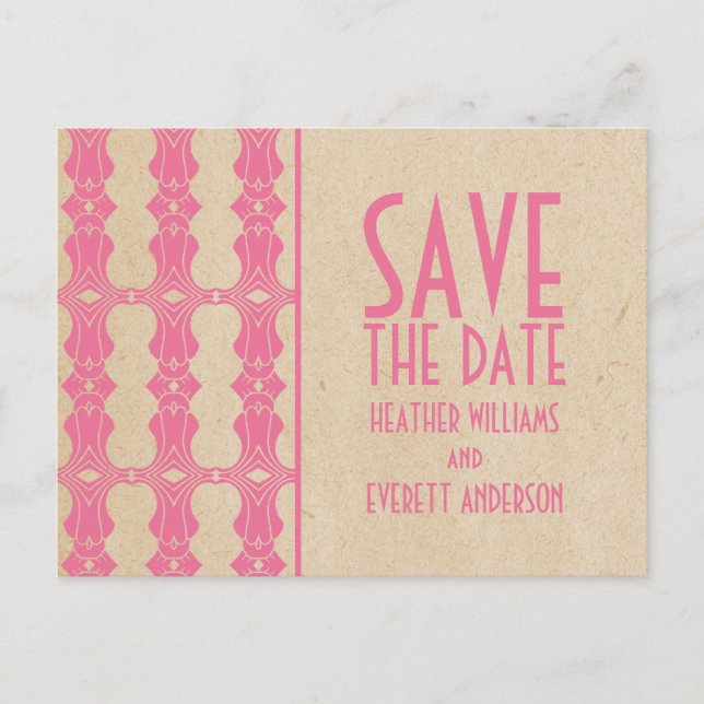Rosa Art Deco Border Save the Date Postkarte (Vorderseite)