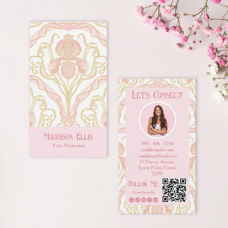 Rosa Art Nouveau Blumen-QR-Code und Foto Visitenkarte