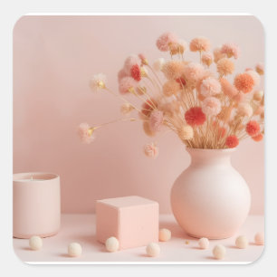 Rosa Ästhetik-Tasse - Boho Trockenblumen-Tasse Quadratischer Aufkleber