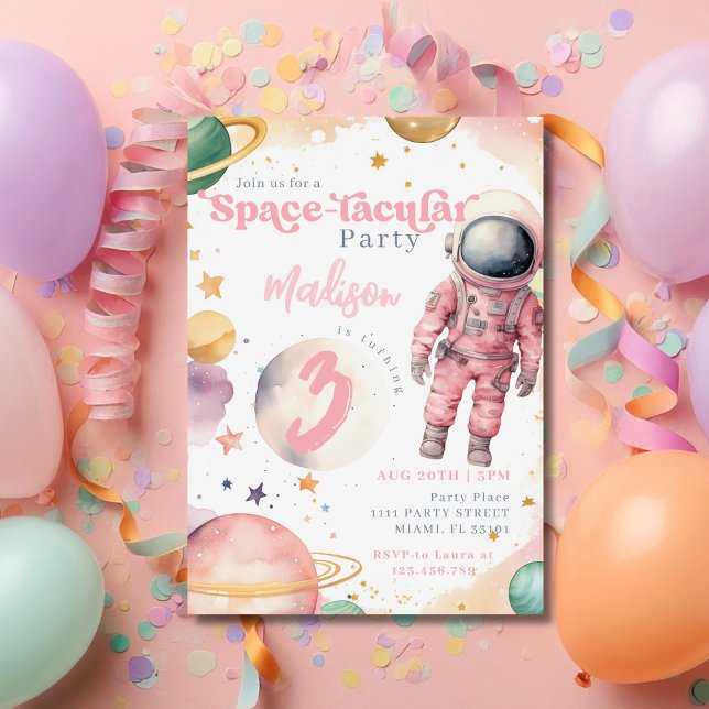 Rosa Astronautin Weltraum Geburtstag Einladung (Von Creator hochgeladen)