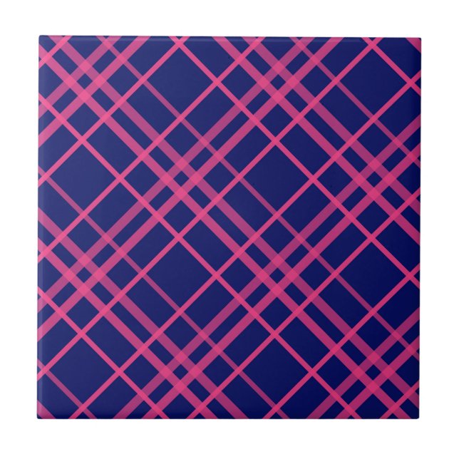 Rosa auf blauem Tartan Kariertes Muster Fliese (Vorderseite)