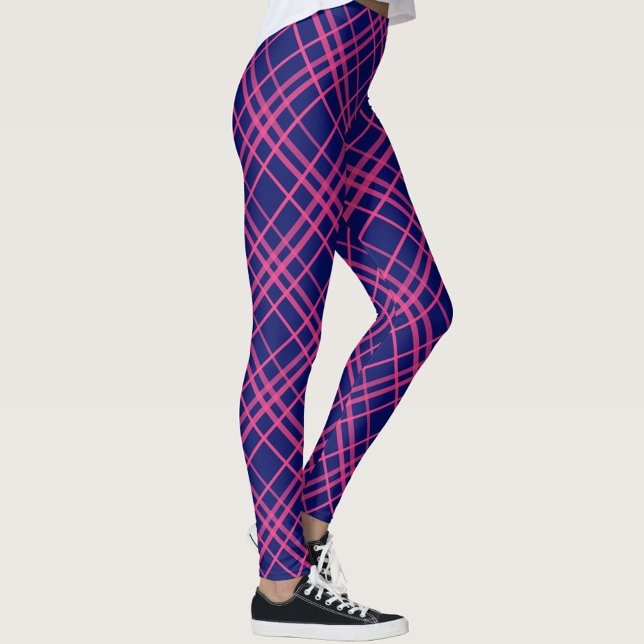Rosa auf blauem Tartan Kariertes Muster Leggings (Von Creator hochgeladen)